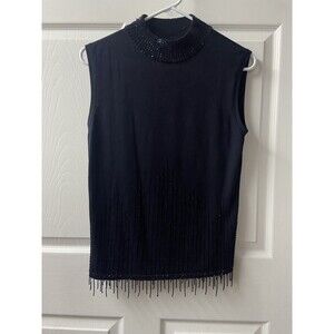 John Roberts Silk Knit Fringed Sweater Womens Plus 16 Black Beaded Mock Neck